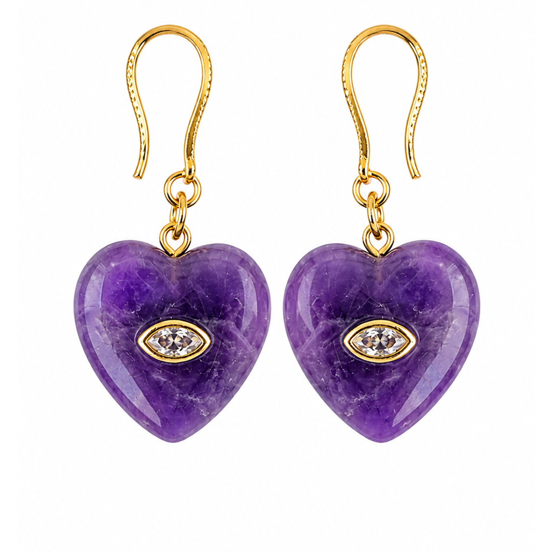 Aretes Corazón Amatista Acero Con Baño De Oro