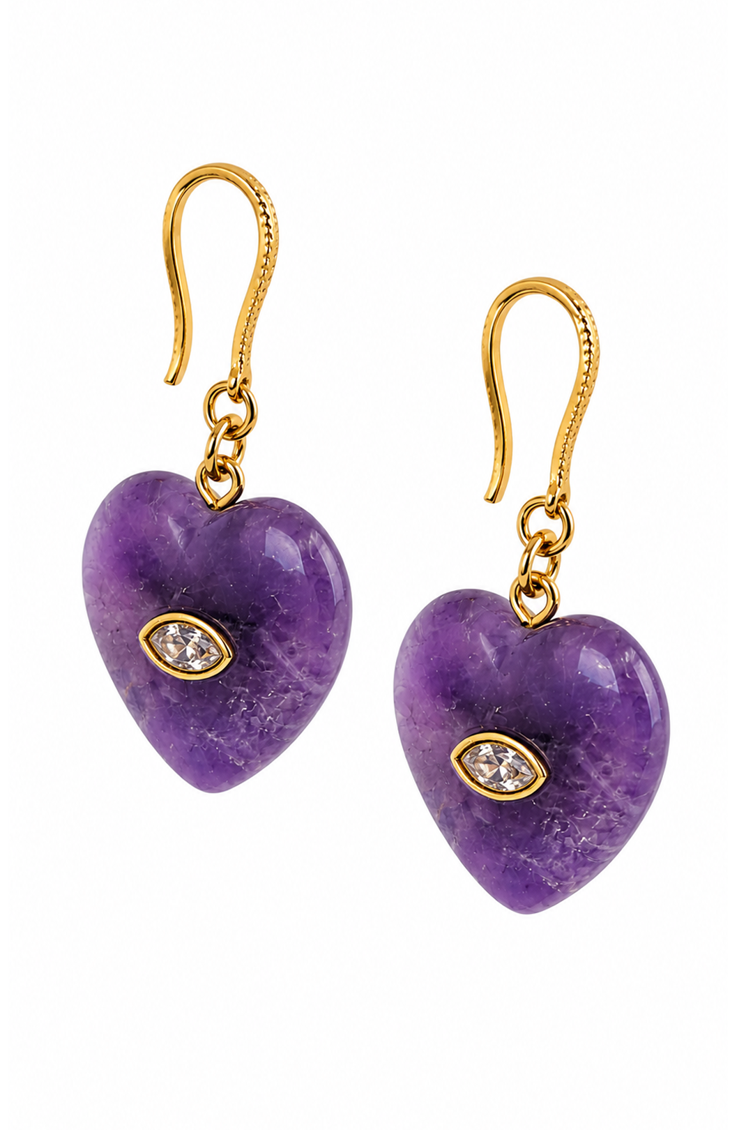 Aretes Corazón Amatista Acero Con Baño De Oro