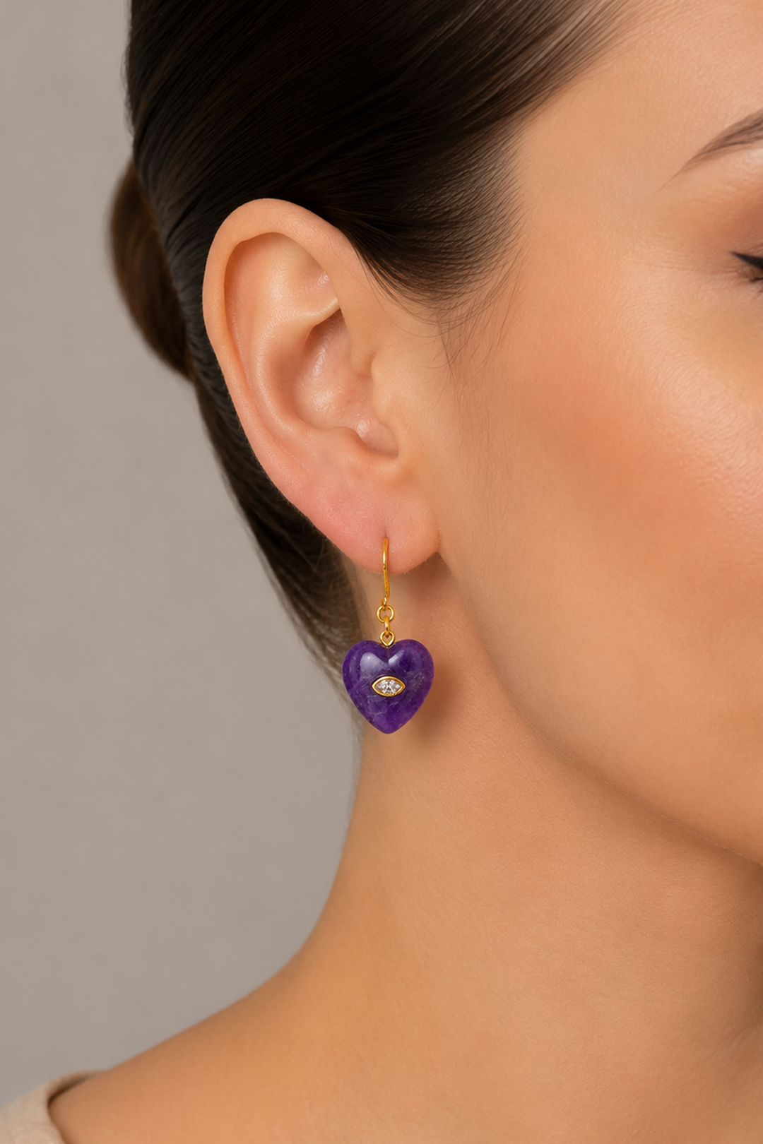 Aretes Corazón Amatista Acero Con Baño De Oro