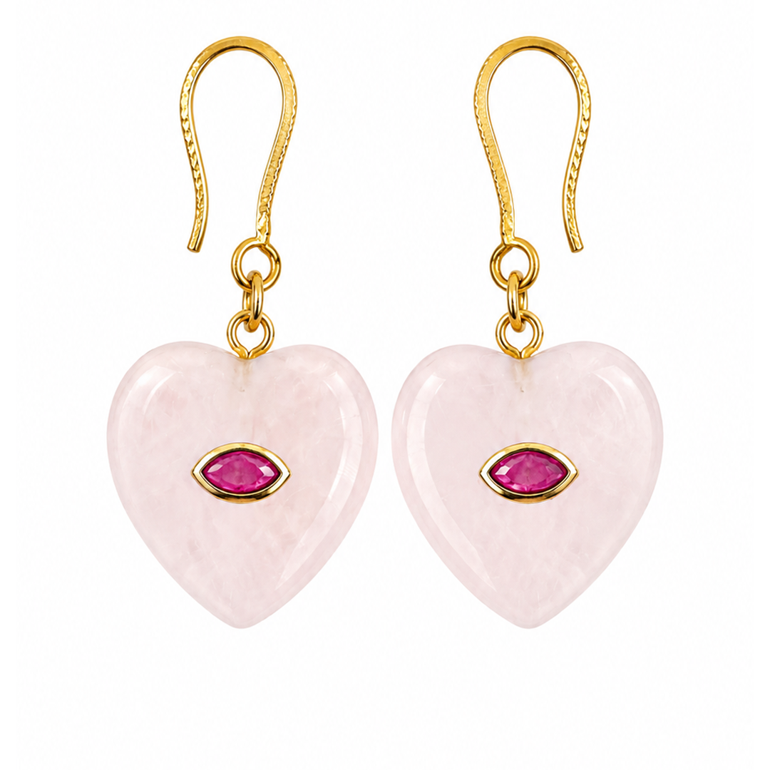 Aretes Corazón Cuarzo Rosa Acero Con Baño De Oro