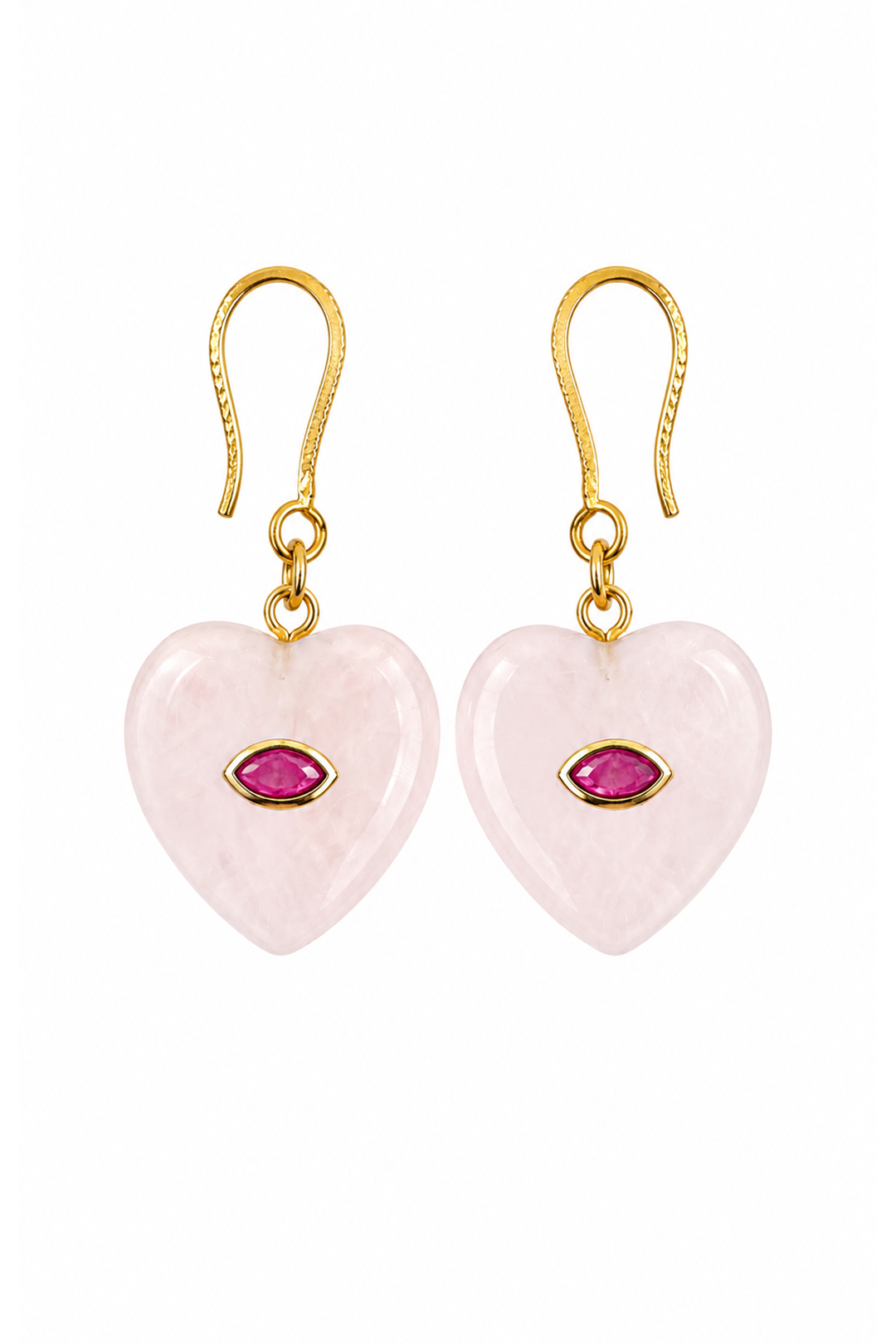 Aretes Corazón Cuarzo Rosa Acero Con Baño De Oro