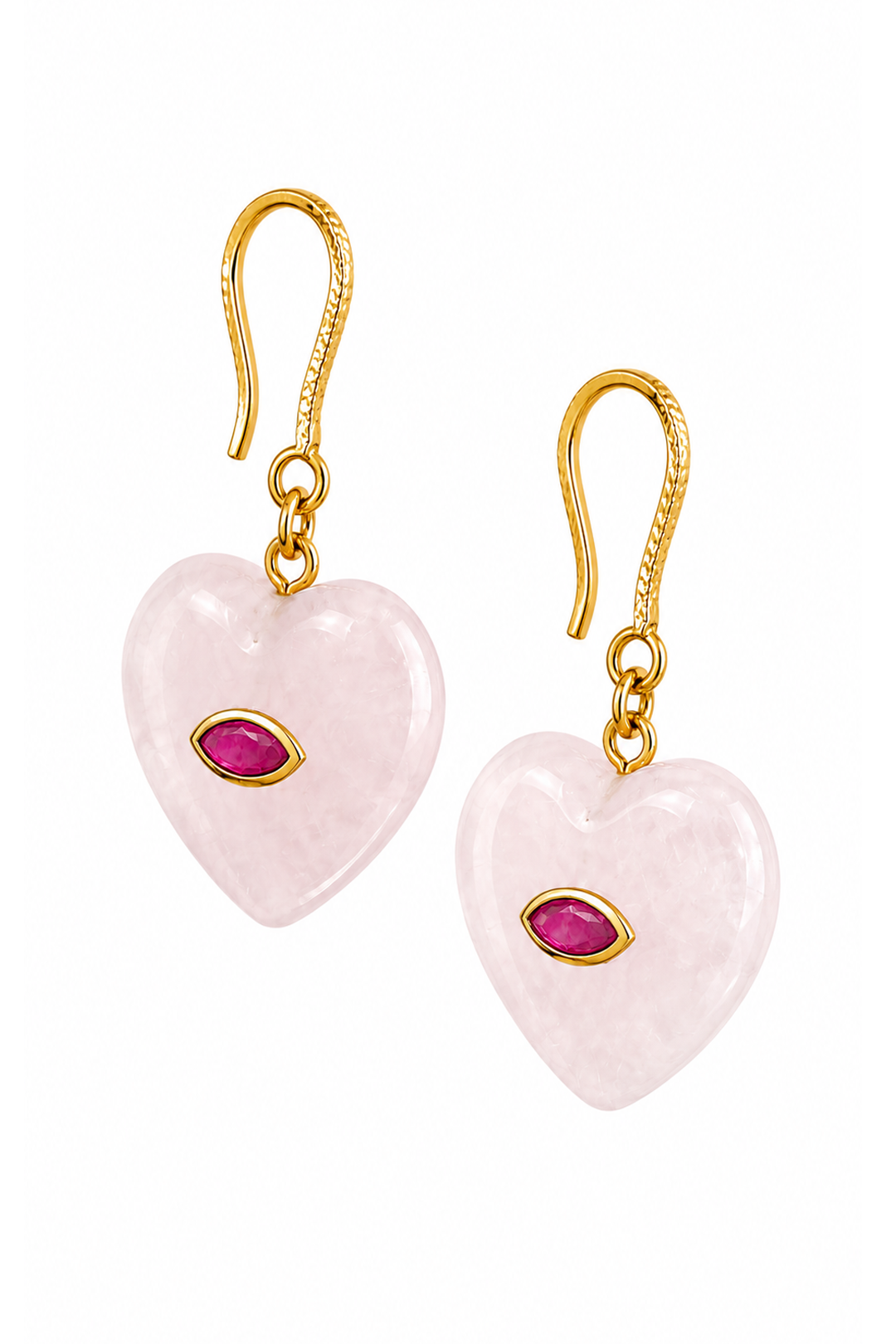 Aretes Corazón Cuarzo Rosa Acero Con Baño De Oro