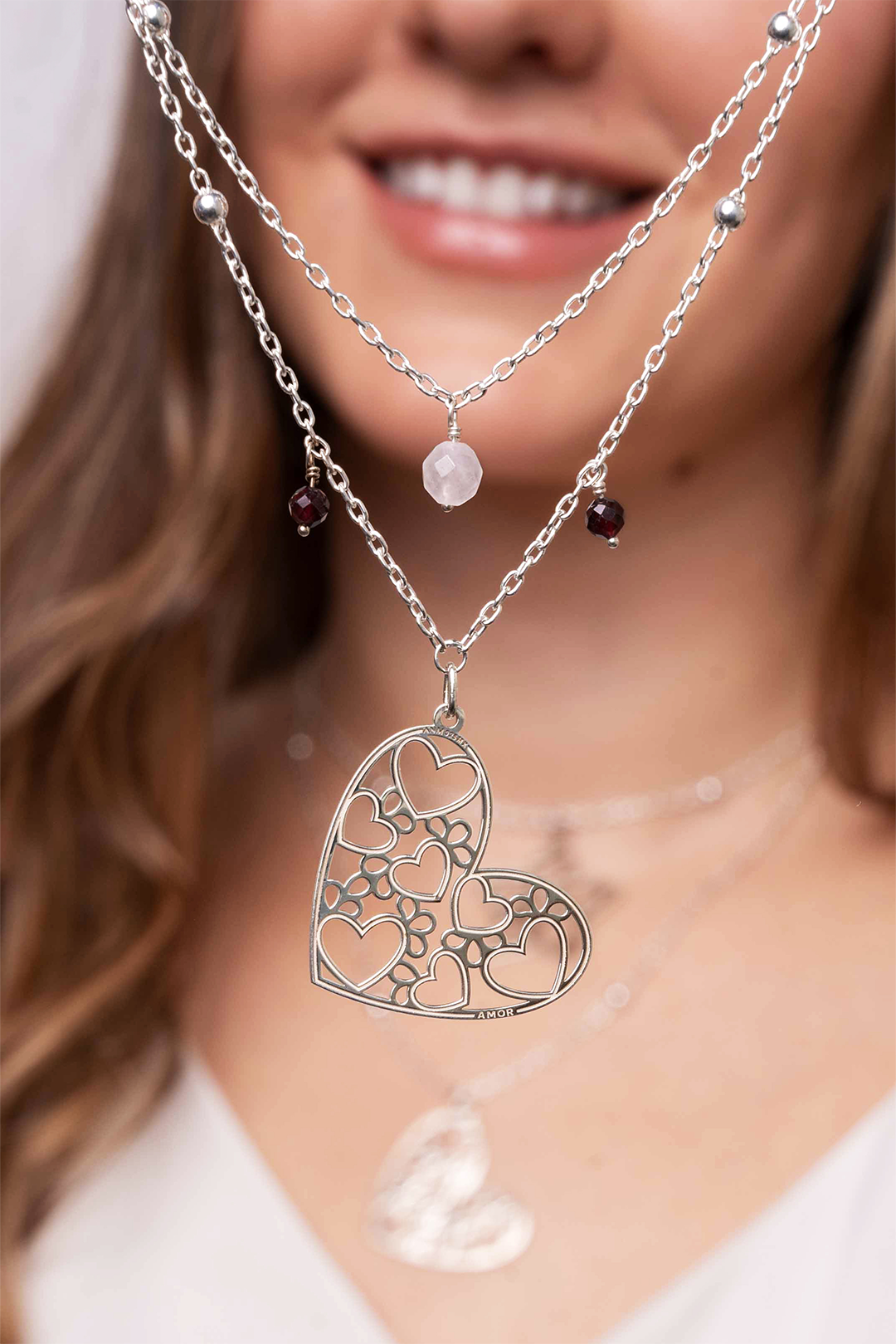 Collar Mujer Plata 925 Deseos Corazon Granate Cuarzo Rosa Anamora por Tanya Moss - Tanya Moss