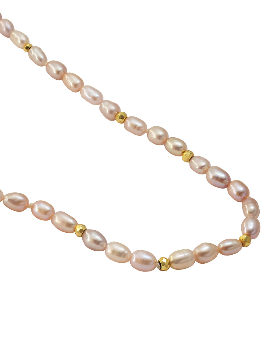 Collar Plata 925 Marina Perlas Rosas Oval con Pirita Dorada Anamora