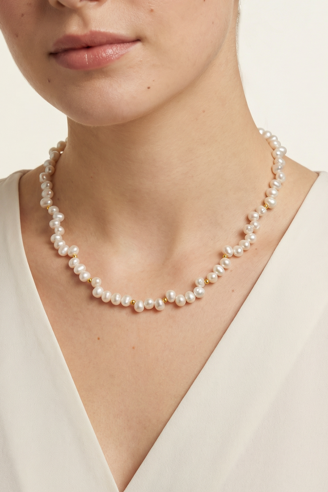 Collar Plata 925 Marina Perla Blanca Despeinada con Pirita Dorada Anamora