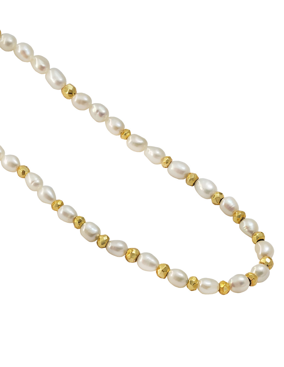 Collar Plata 925 Marina Perla Blanca Oval con Pirita Dorada Anamora