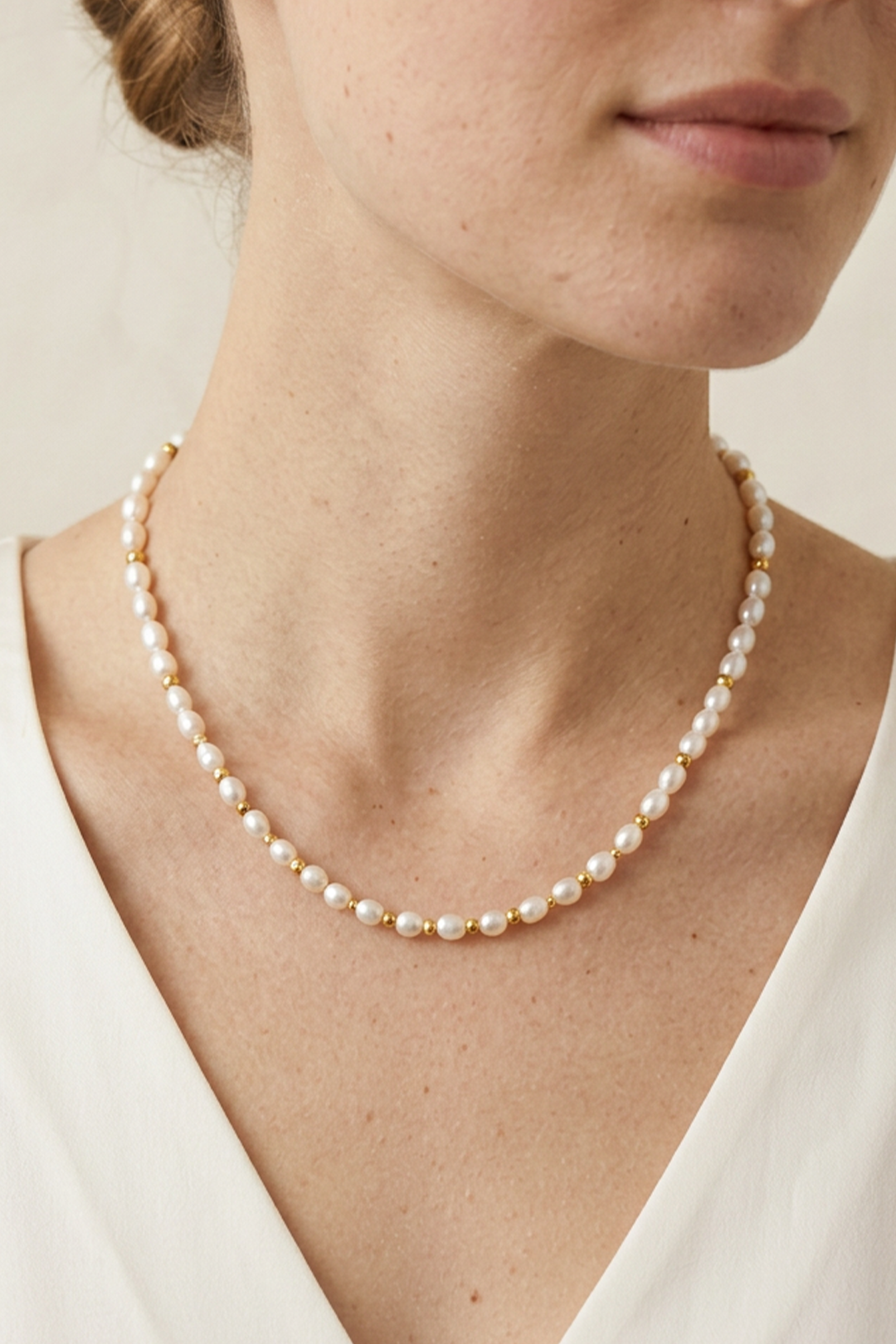 Collar Plata 925 Marina Perla Blanca Oval con Pirita Dorada Anamora