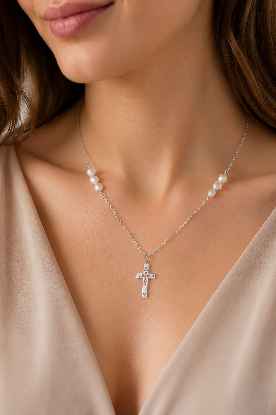 Dije Mujer Plata 925 Religioso Cruz Perlas Anamora por Tanya Moss - Tanya Moss