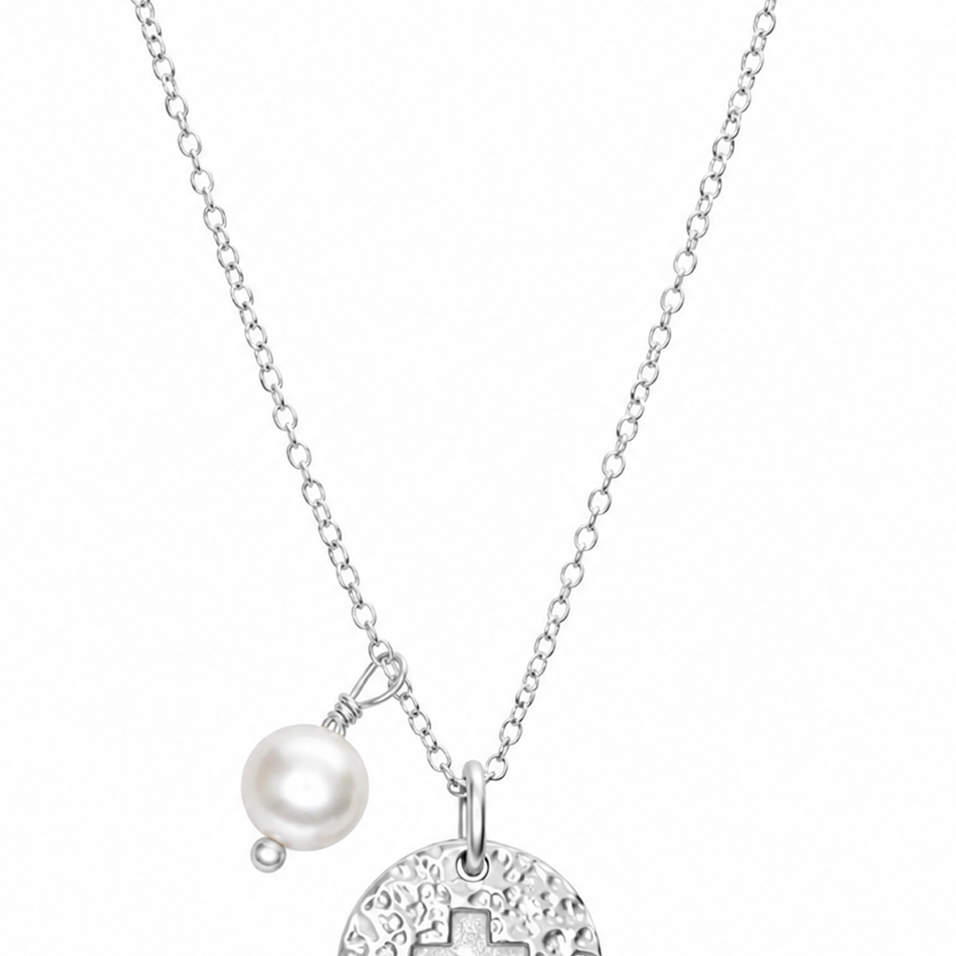 Dije Mujer Plata 925 Religioso Cruz Circulo Perla