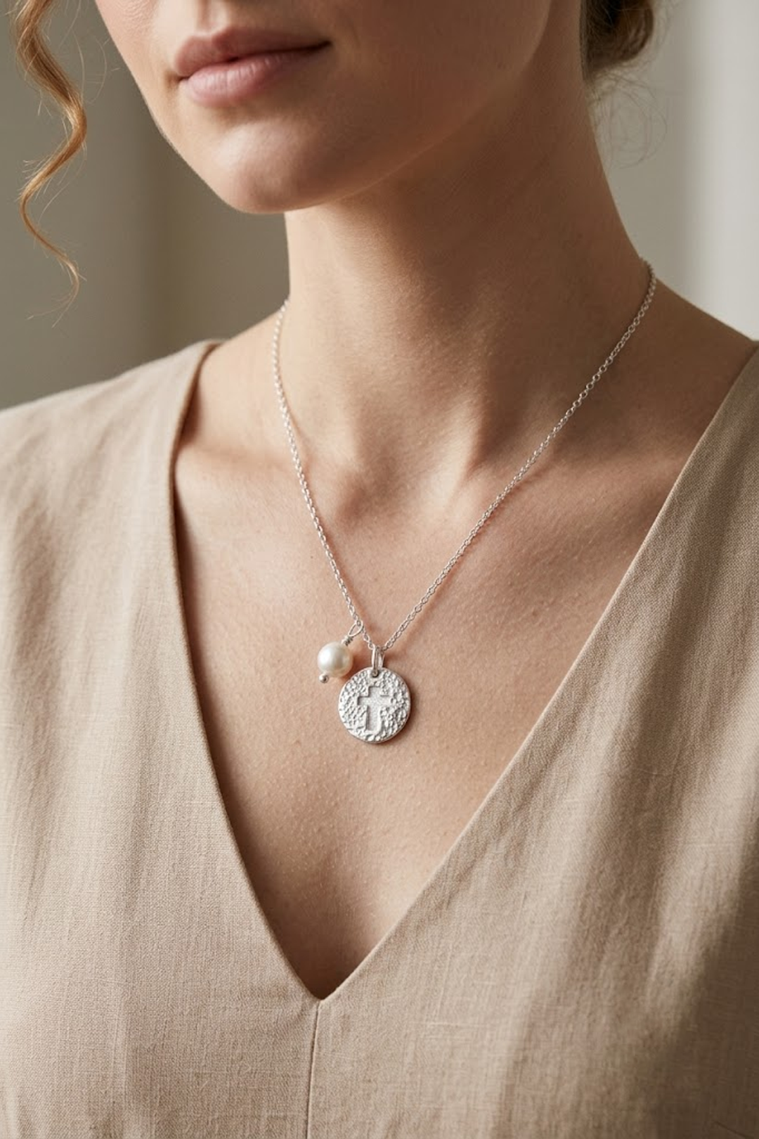 Dije Mujer Plata 925 Religioso Cruz Circulo Perla