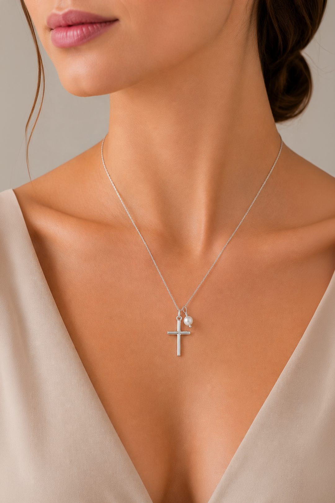 Dije Mujer Plata 925 Religioso Cruz Perla Anamora por Tanya Moss