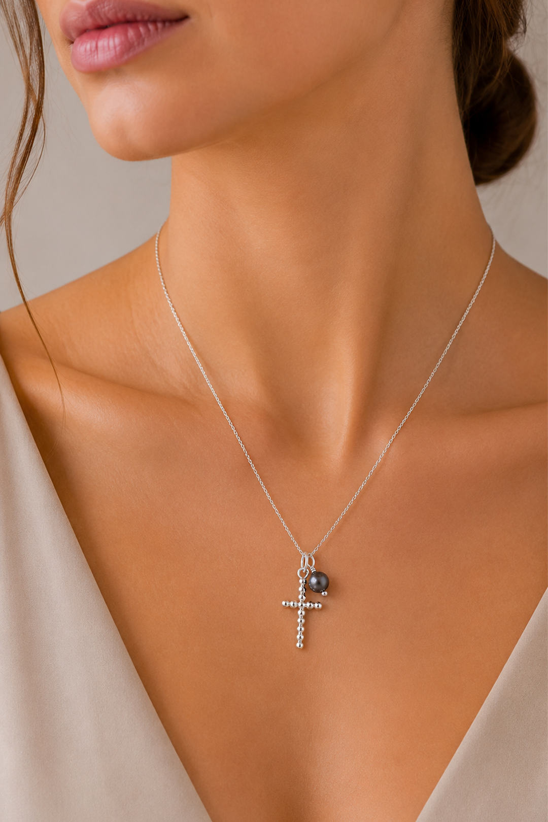 Dije Mujer Plata 925 Religioso Cruz Burbujas Perla Anamora por Tanya Moss