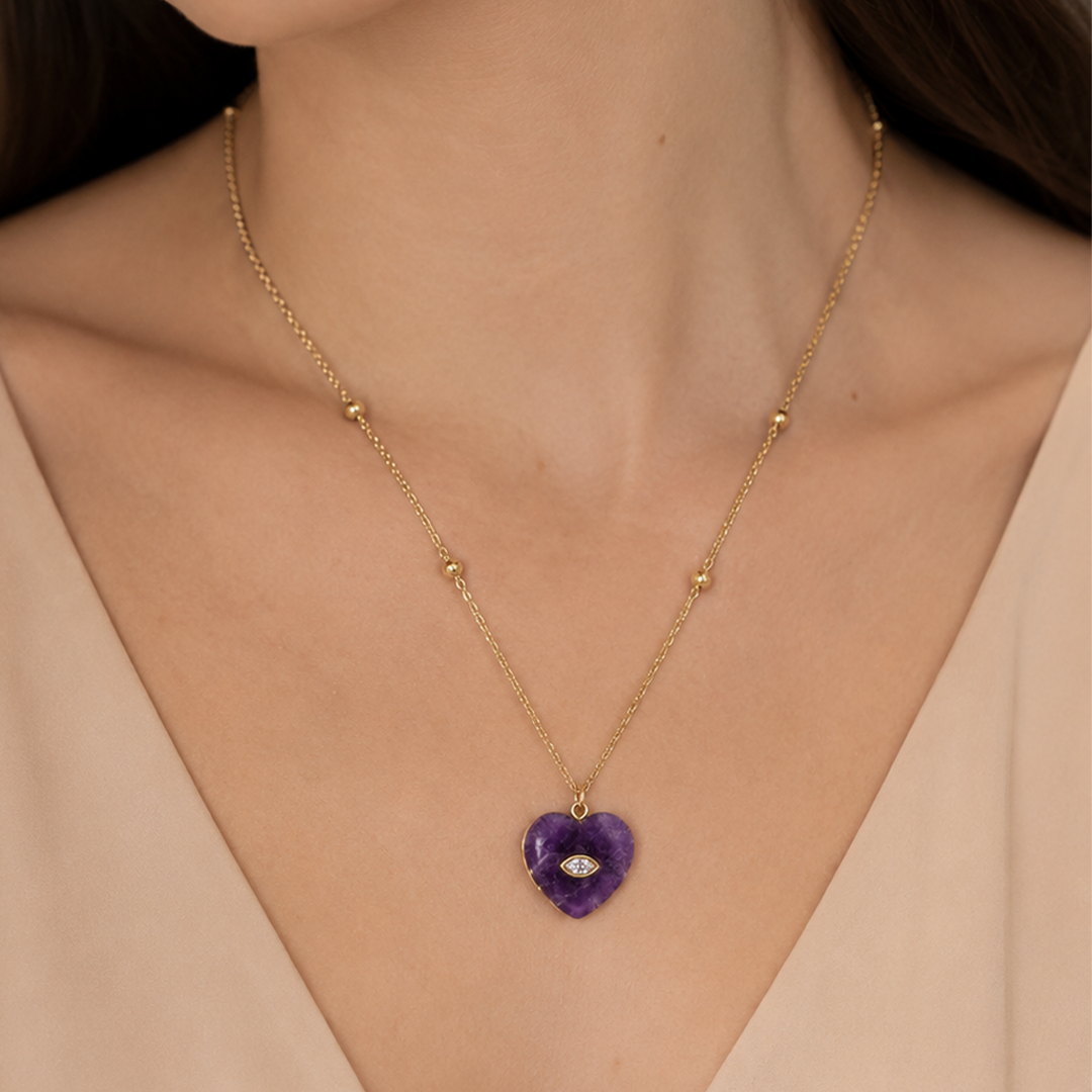 Dije Corazón Amatista Cadena De Acero Con Baño De Oro