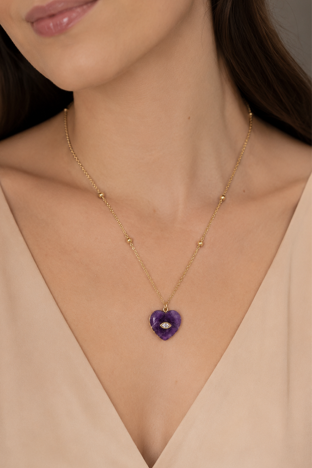 Dije Corazón Amatista Cadena De Acero Con Baño De Oro