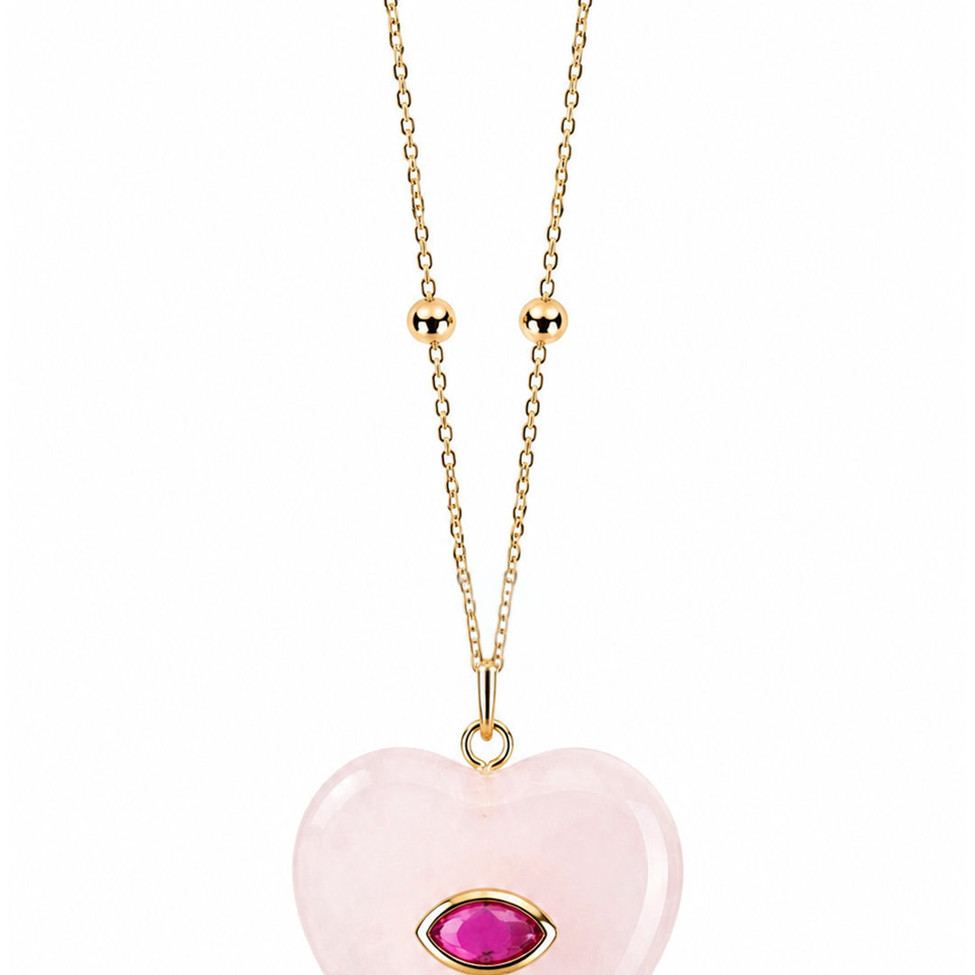 Dije Corazón Cuarzo Rosa Cadena De Acero Con Baño De Oro