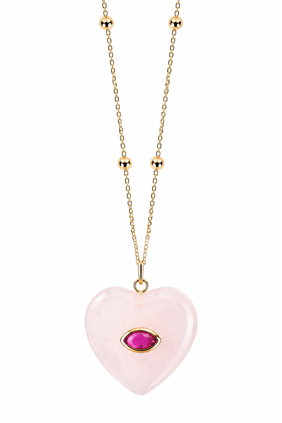 Dije Corazón Cuarzo Rosa Cadena De Acero Con Baño De Oro