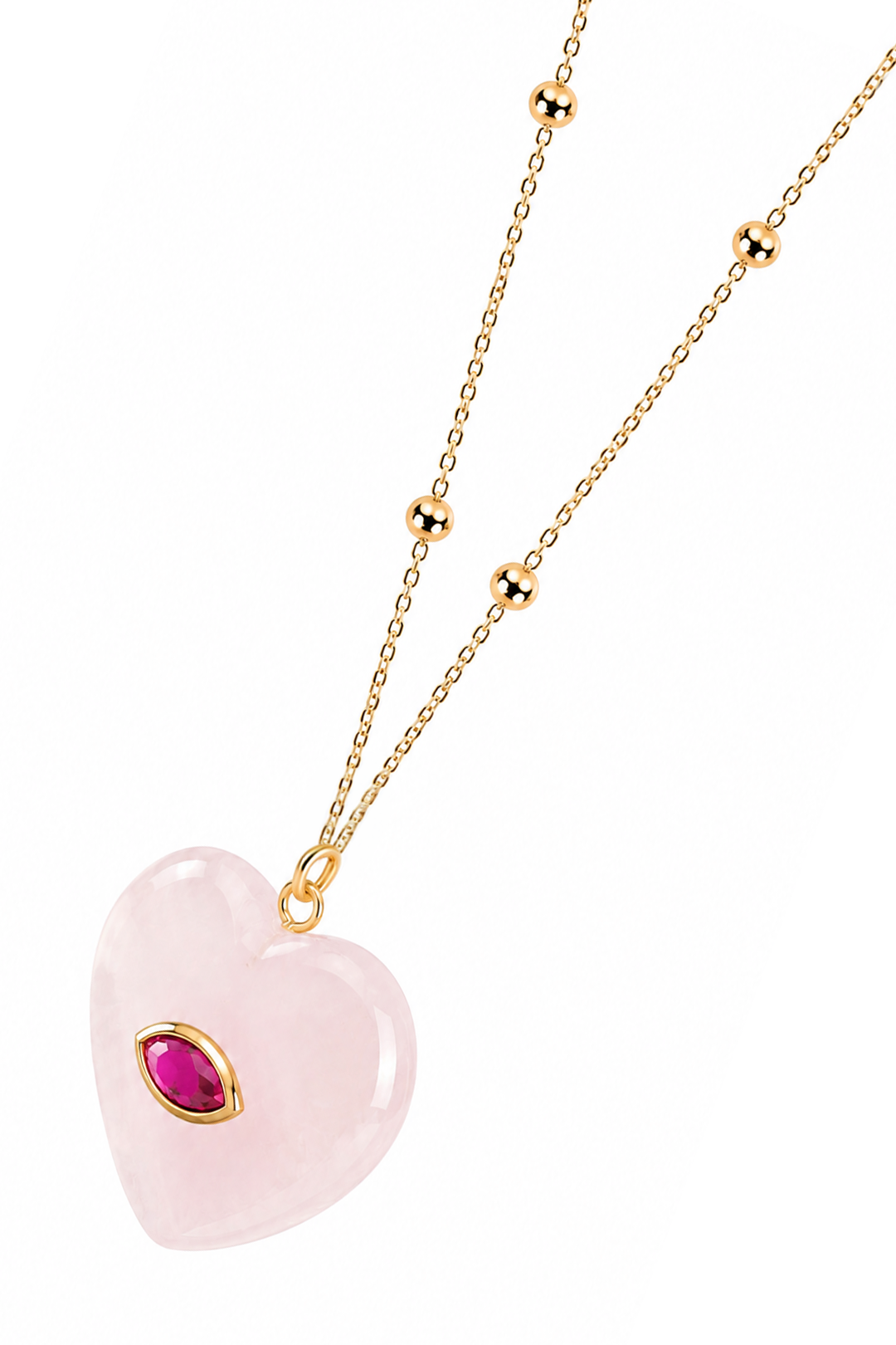 Dije Corazón Cuarzo Rosa Cadena De Acero Con Baño De Oro