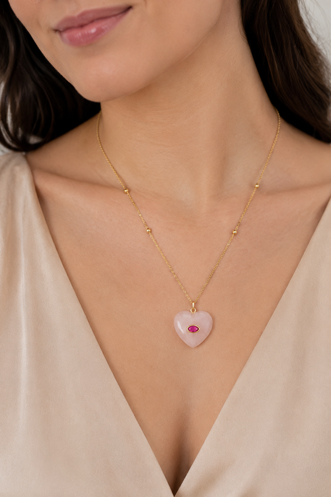 Dije Corazón Cuarzo Rosa Cadena De Acero Con Baño De Oro