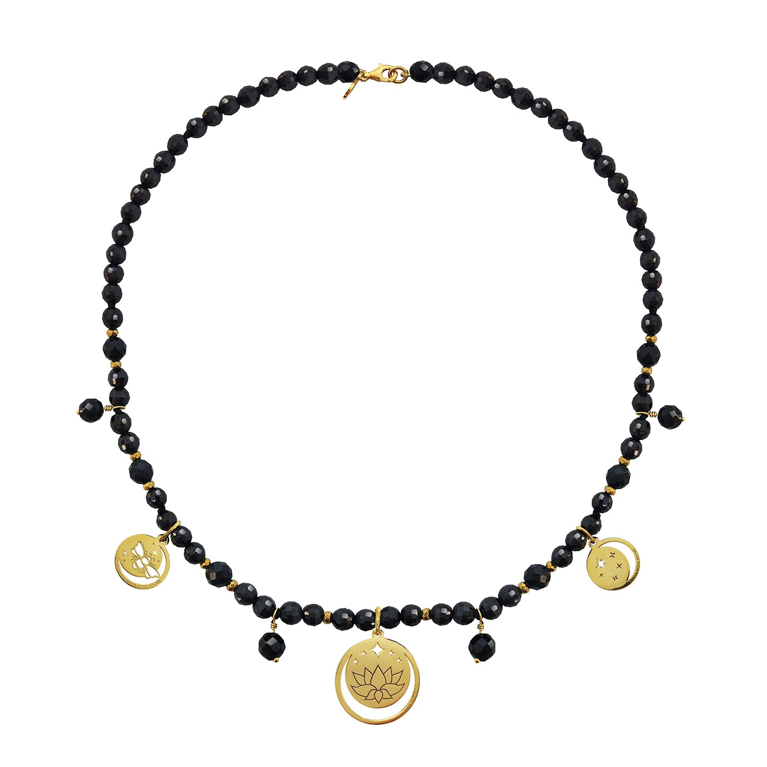 Collar Mujer Plata 925 Magia 3 Charms Lunas Agata Negra Dorado - Tanya Moss