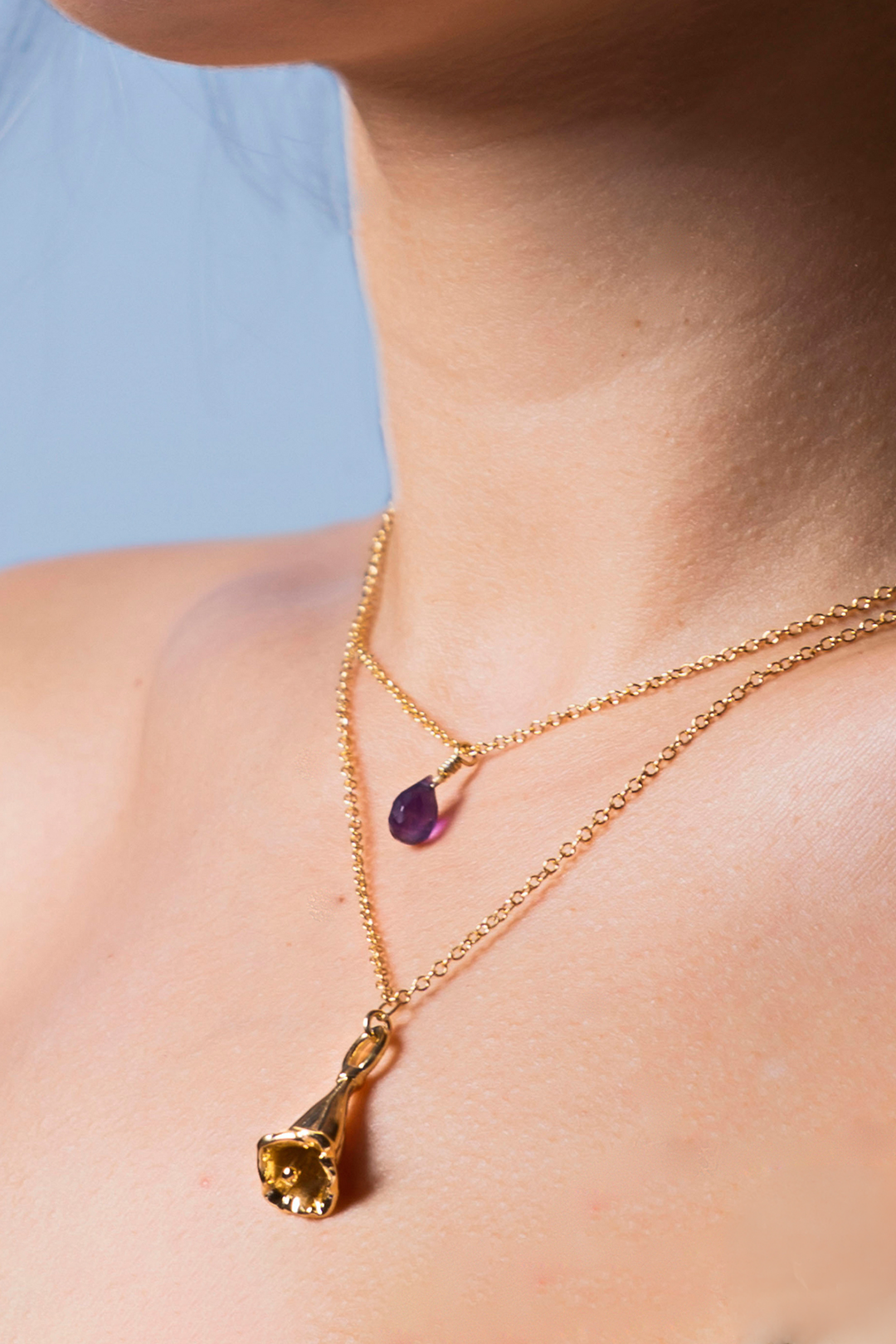 Collar Doble Mujer Plata 925 Jacaranda Flor Amatista Dorado