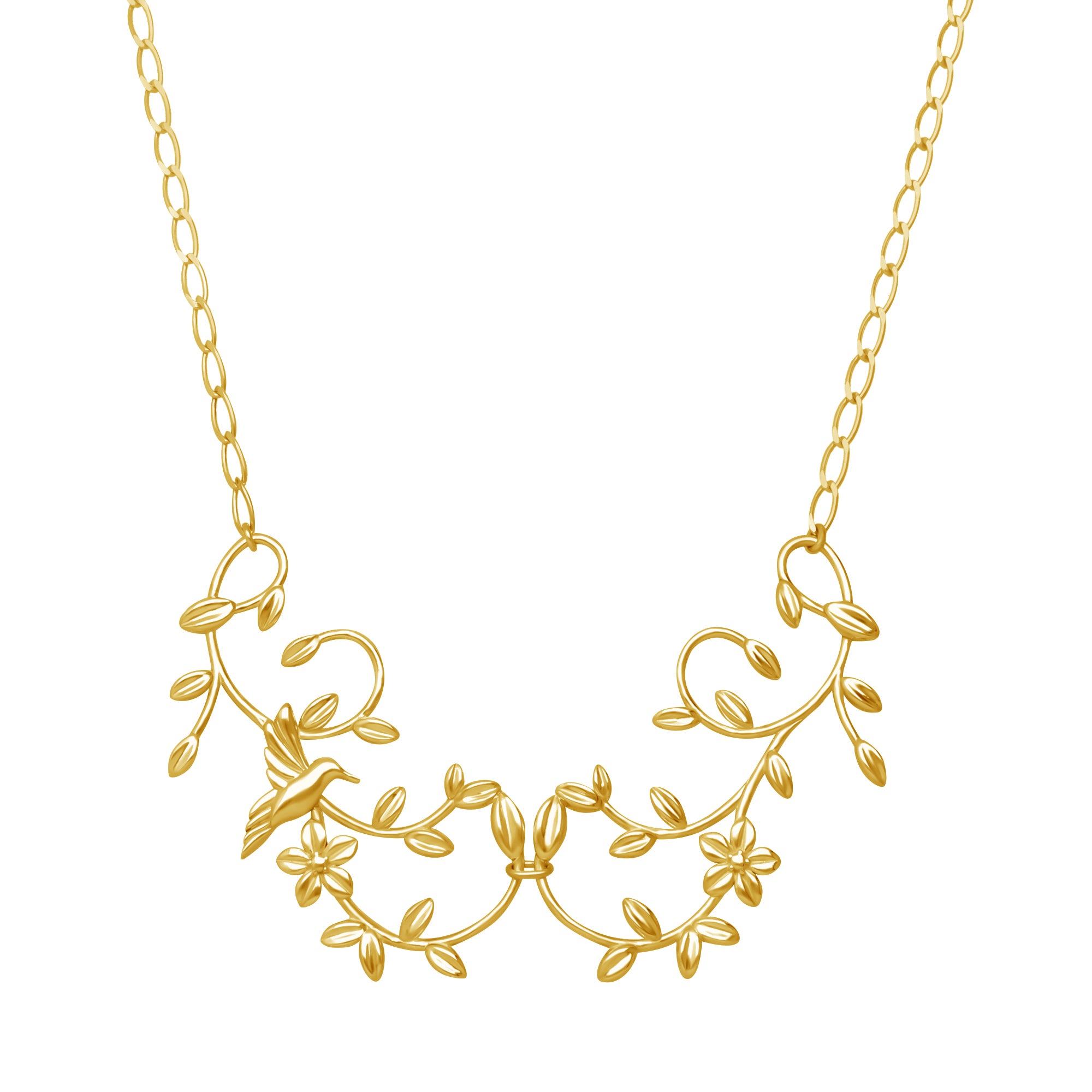 Collar Mujer Plata 925 Mensaje Amor Flor Hojas Colibri Grande Dorado - Tanya Moss