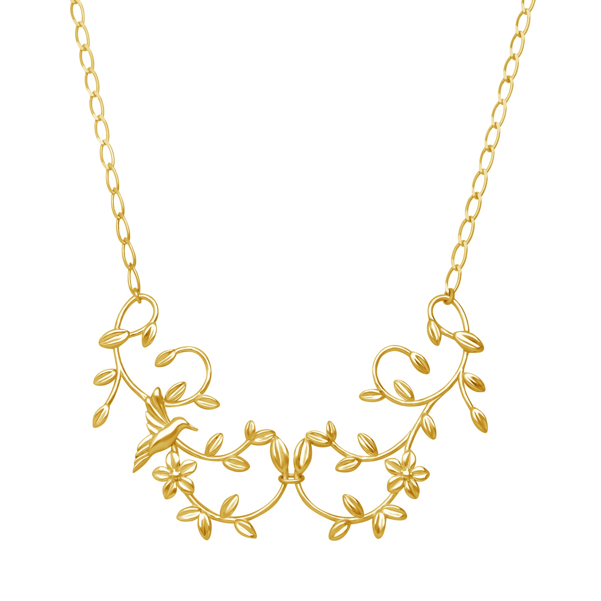 Collar Mujer Plata 925 Mensaje Amor Flor Hojas Colibri Grande Dorado - Tanya Moss