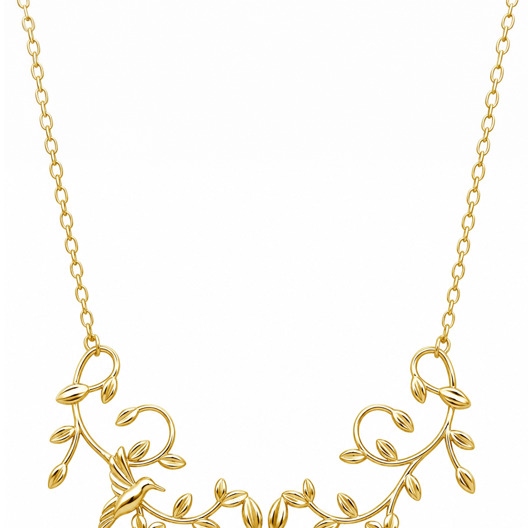 Collar Mujer Plata 925 Mensaje Amor Flor Hojas Colibri Grande Baño de Oro