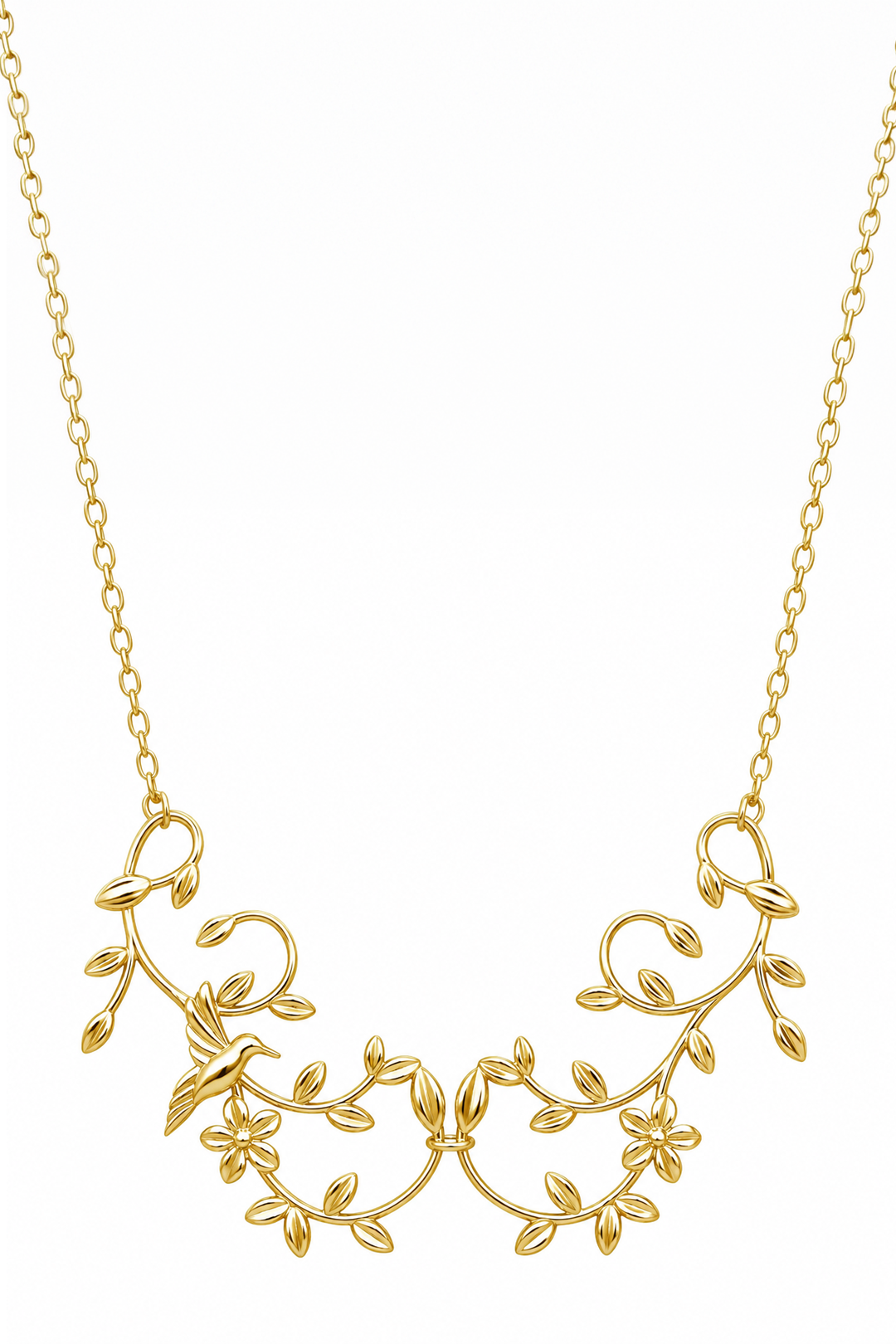 Collar Mujer Plata 925 Mensaje Amor Flor Hojas Colibri Grande Dorado