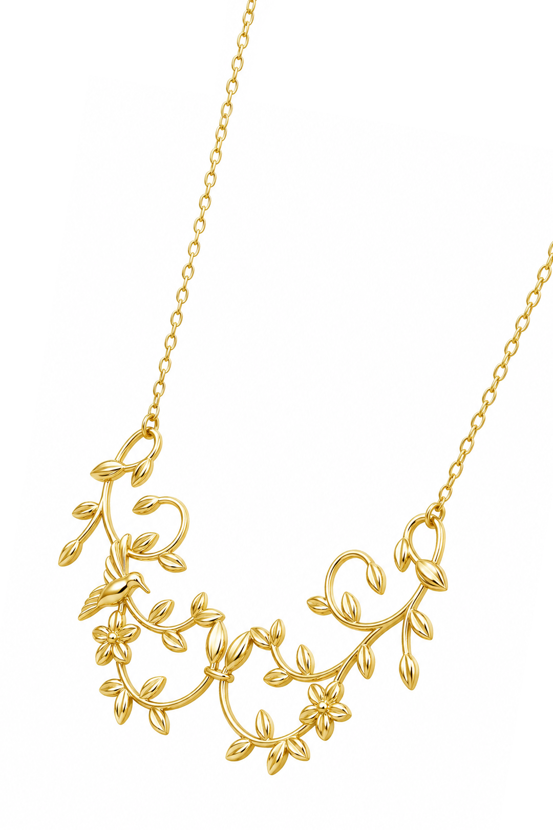 Collar Mujer Plata 925 Mensaje Amor Flor Hojas Colibri Grande Baño de Oro