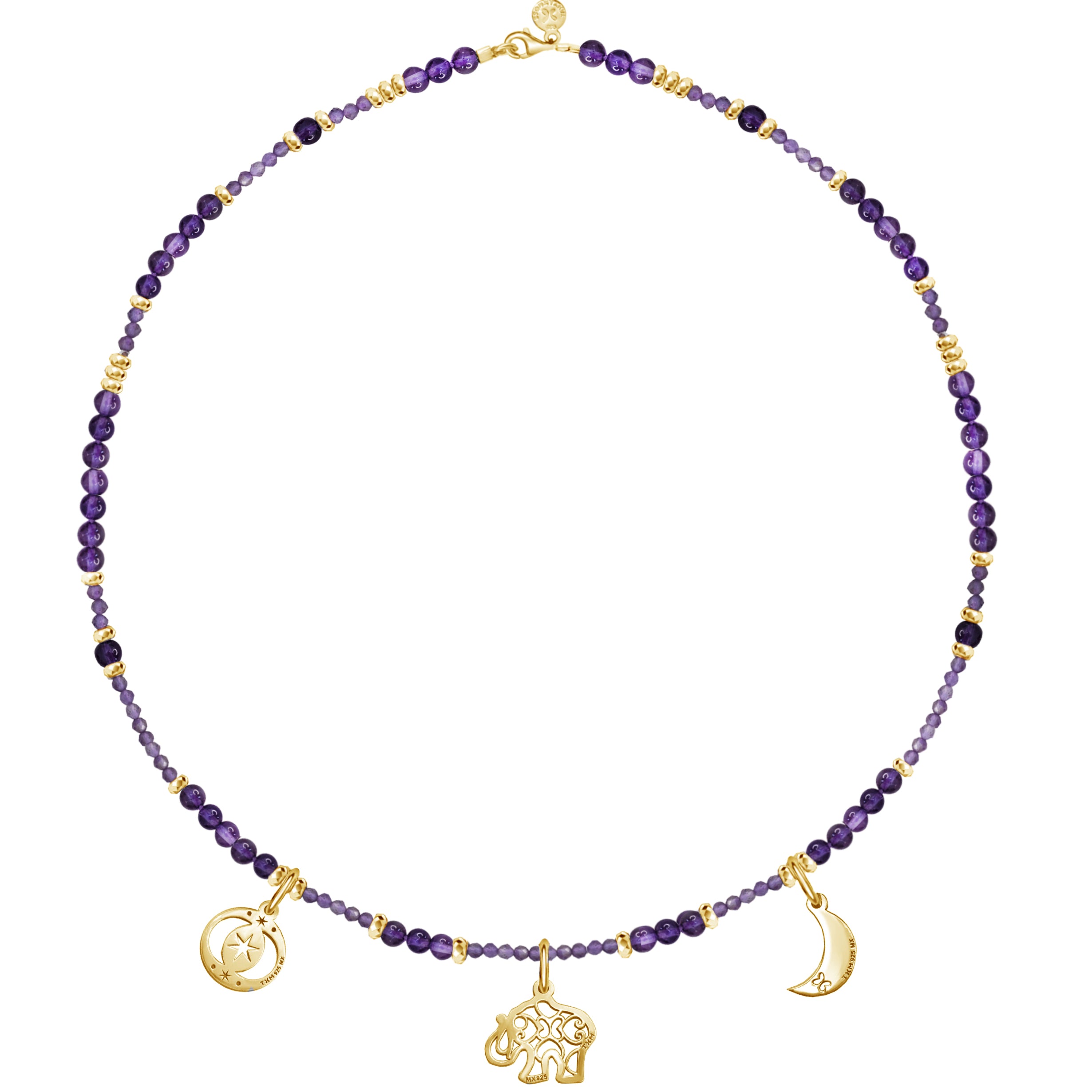 Collar Mujer Plata 925 Zen Charms Luna Elefante Astros Amatista Dorado - Tanya Moss