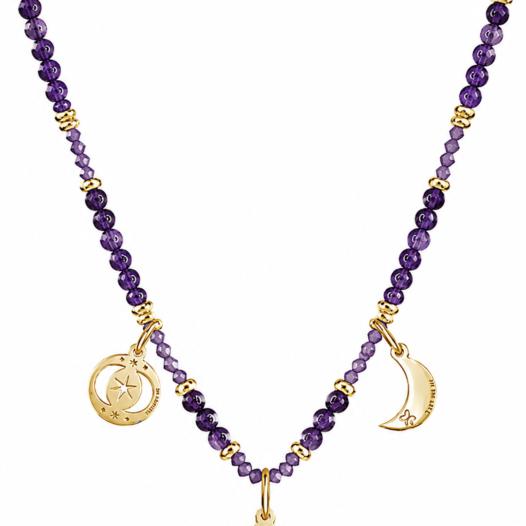 Collar Mujer Plata 925 Zen Charms Luna Elefante Astros Amatista Baño de Oro