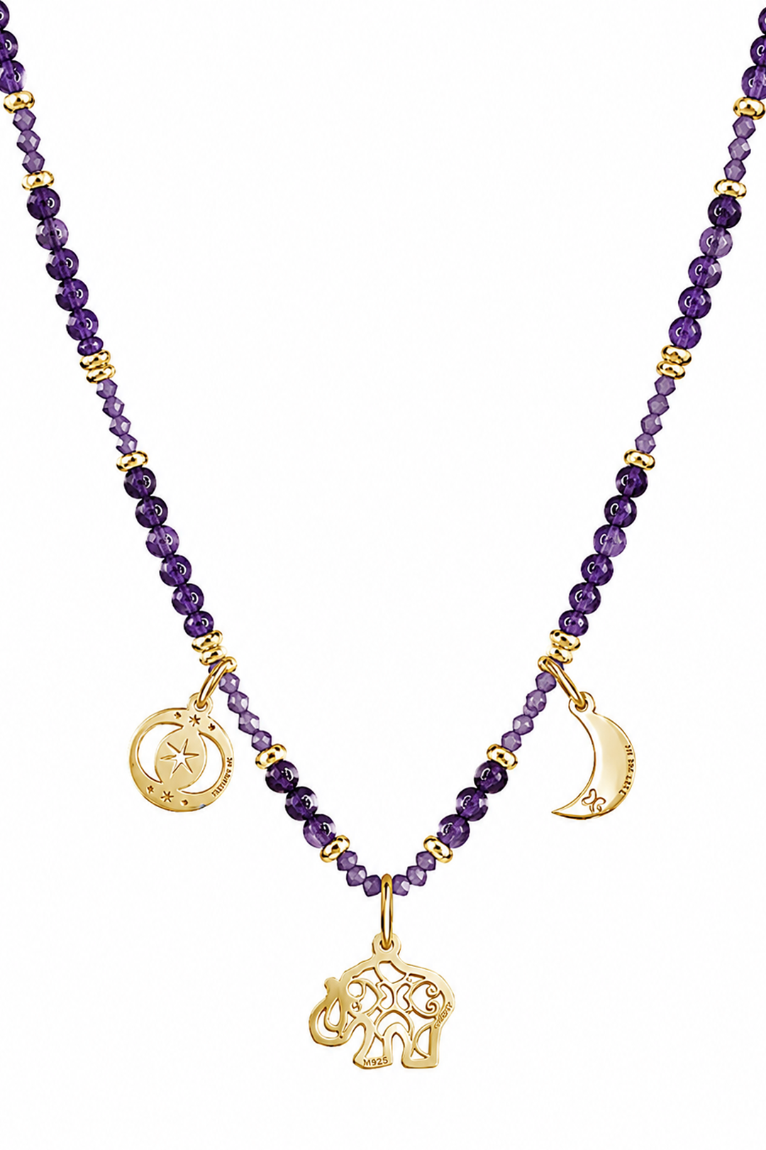 Collar Mujer Plata 925 Zen Charms Luna Elefante Astros Amatista Dorado