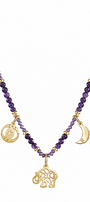 Collar Mujer Plata 925 Zen Charms Luna Elefante Astros Amatista Baño de Oro