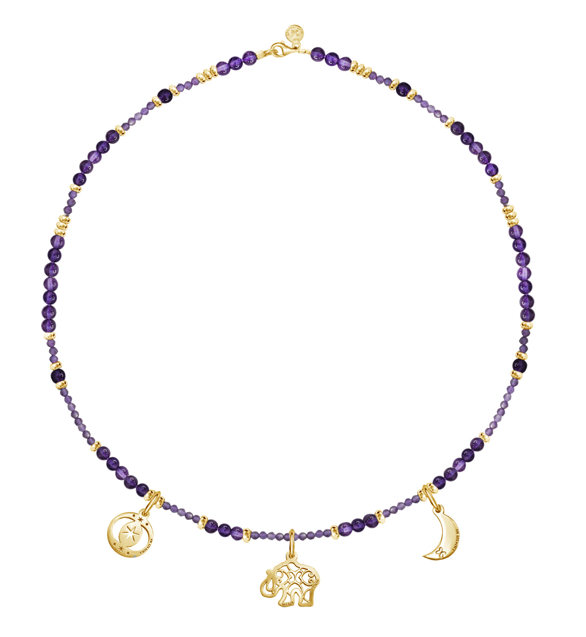 Collar Mujer Plata 925 Zen Charms Luna Elefante Astros Amatista Dorado