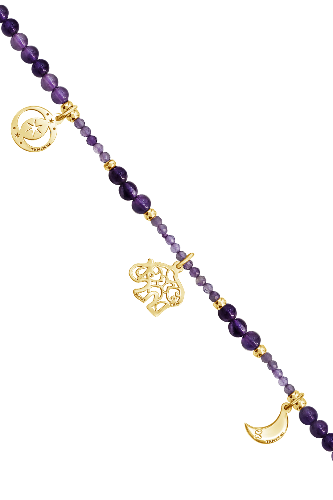 Collar Mujer Plata 925 Zen Charms Luna Elefante Astros Amatista Baño de Oro