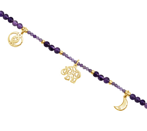 Collar Mujer Plata 925 Zen Charms Luna Elefante Astros Amatista Dorado