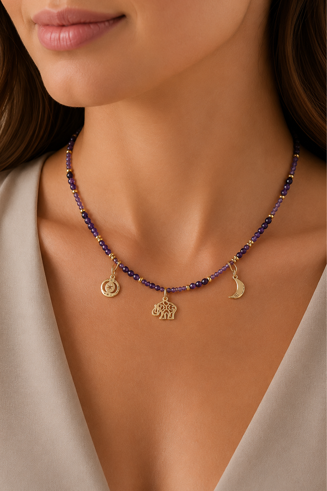 Collar Mujer Plata 925 Zen Charms Luna Elefante Astros Amatista Dorado