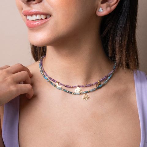 Collar Mujer Plata 925 Zen Charms Luna Elefante Astros Amatista Dorado