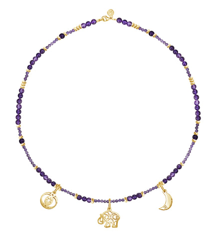 Collar Mujer Plata 925 Zen Charms Luna Elefante Astros Amatista Dorado