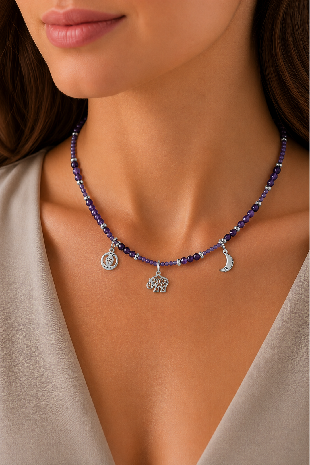 Collar Mujer Plata 925 Zen Charms Luna Elefante Astros Amatista