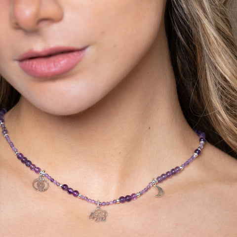 Collar Mujer Plata 925 Zen Charms Luna Elefante Astros Amatista