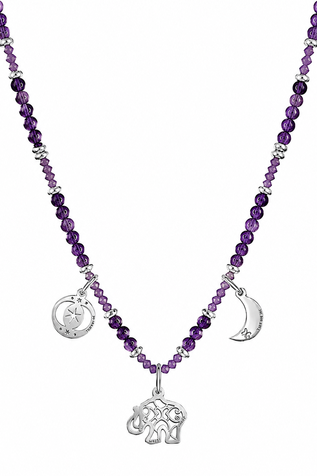 Collar Mujer Plata 925 Zen Charms Luna Elefante Astros Amatista