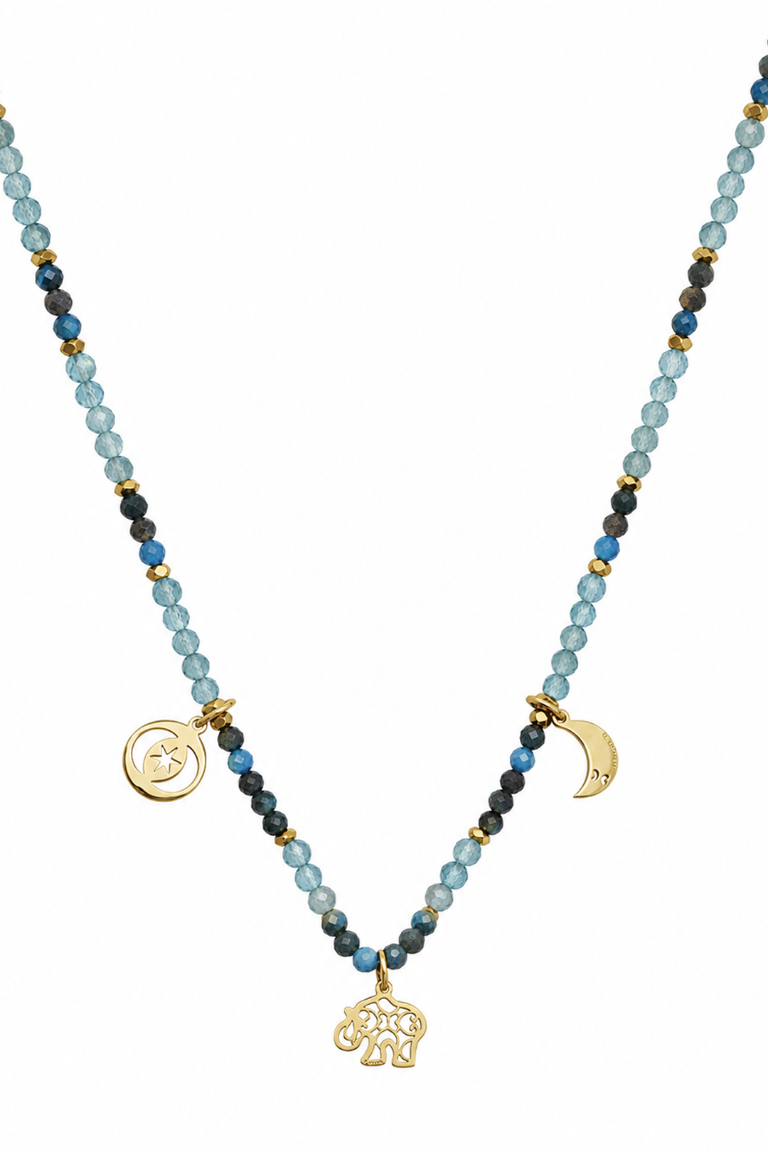 Collar Mujer Plata 925 Zen Charms Luna Elefante Astros Apatita Dorado