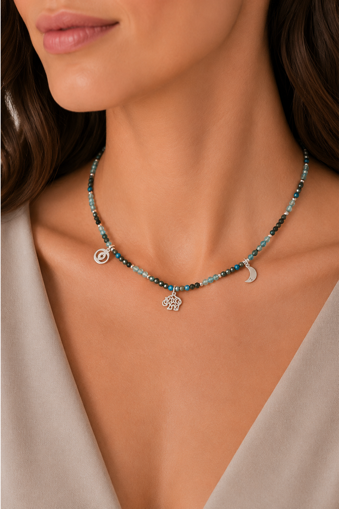 Collar Mujer Plata 925 Zen Charms Luna Elefante Astros Apatita