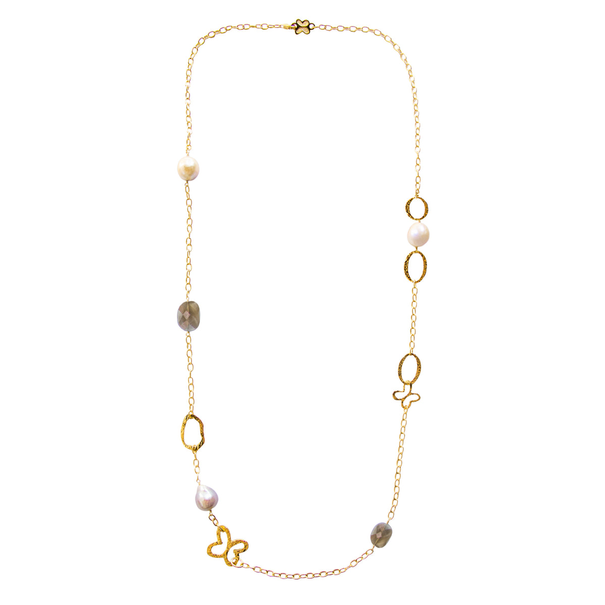 Collar Eslabones Mariposa Largo Con Perlas Y Piedra Dorado