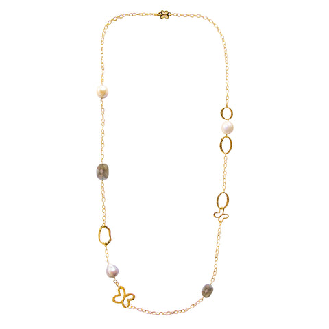 Collar Eslabones Mariposa Largo Con Perlas Y Piedra Dorado