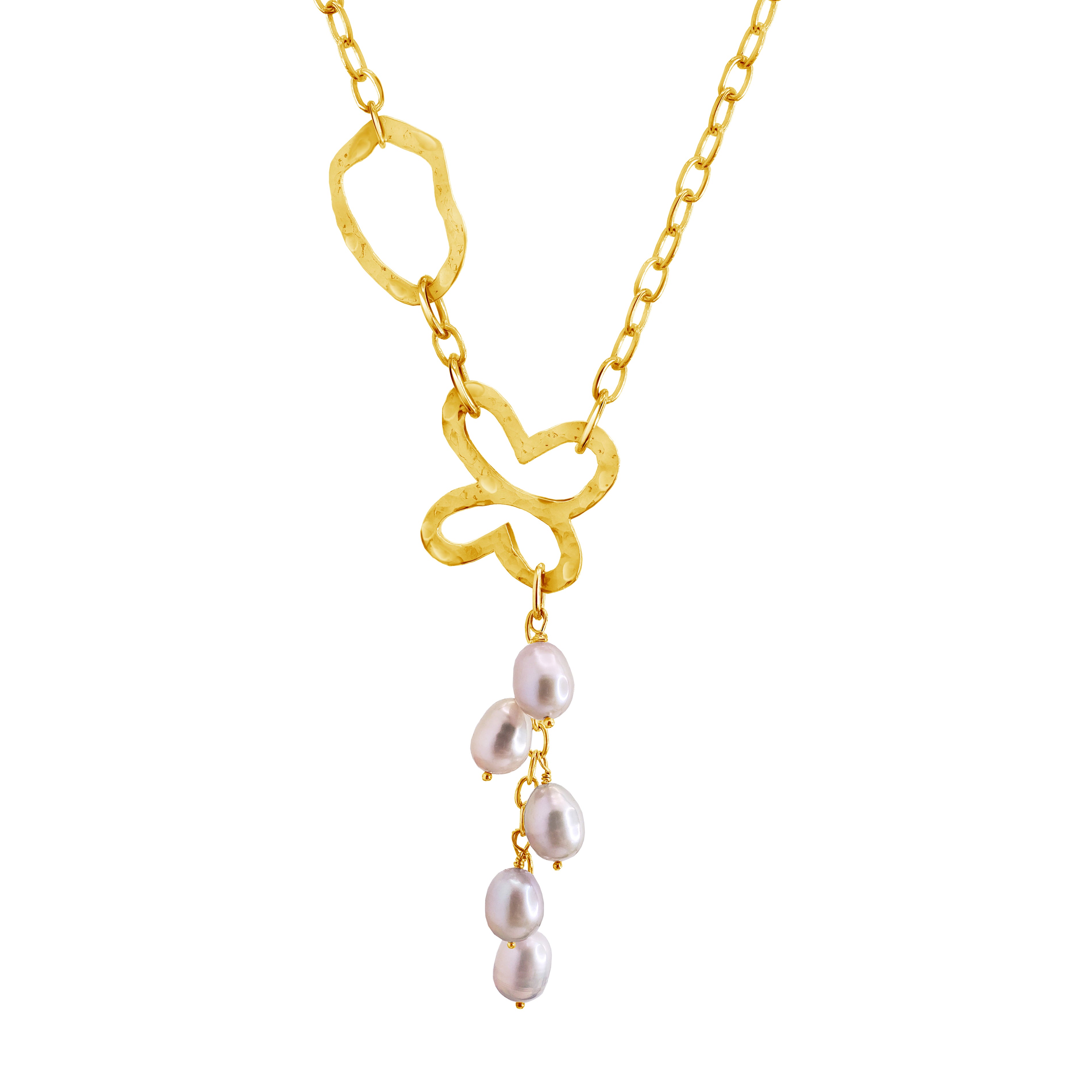 Collar Mujer Plata 925 Liberty Lariat Eslabones Mariposa Perlas Dorado