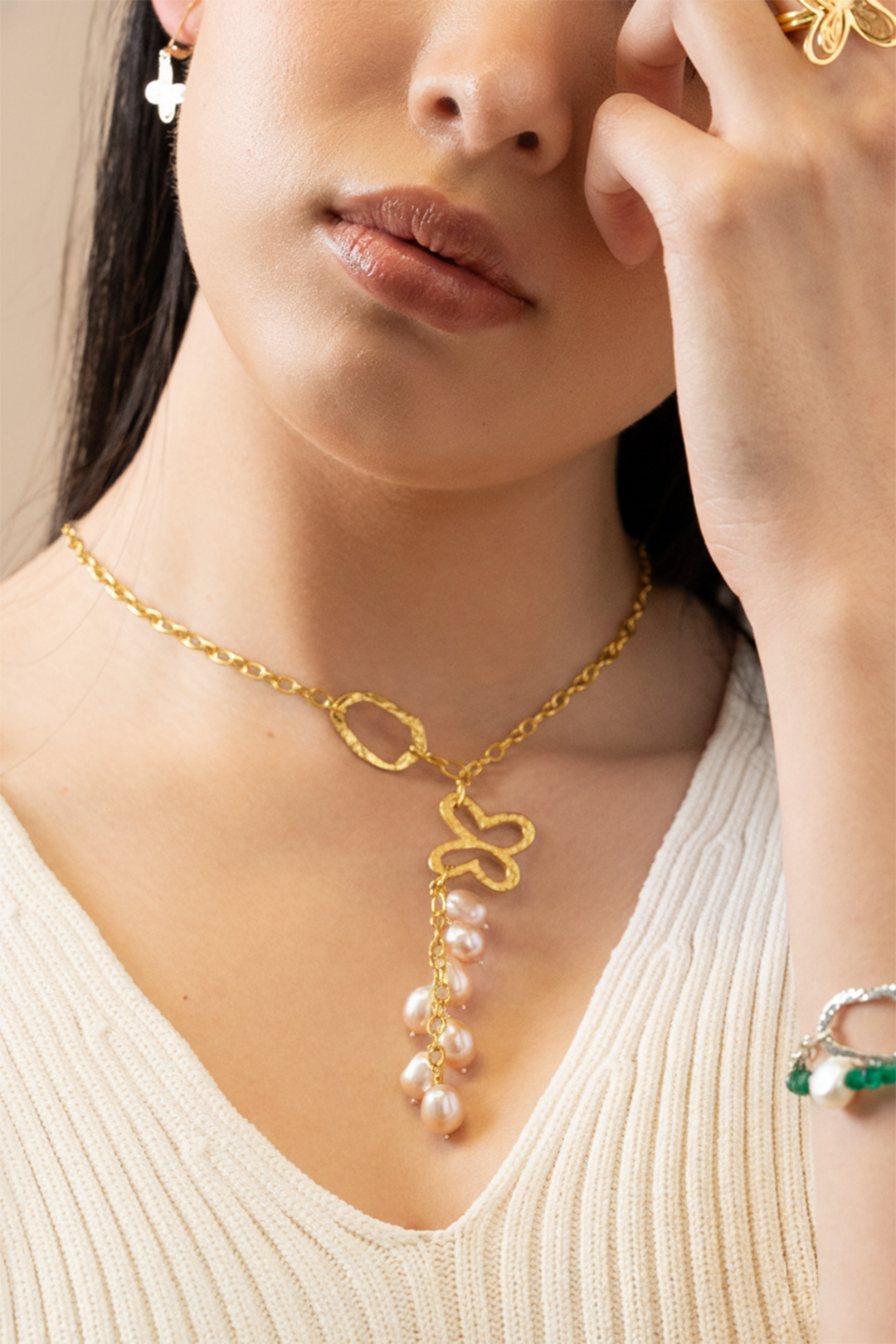 Collar Mujer Plata 925 Liberty Lariat Eslabones Mariposa Perlas Dorado - Tanya Moss