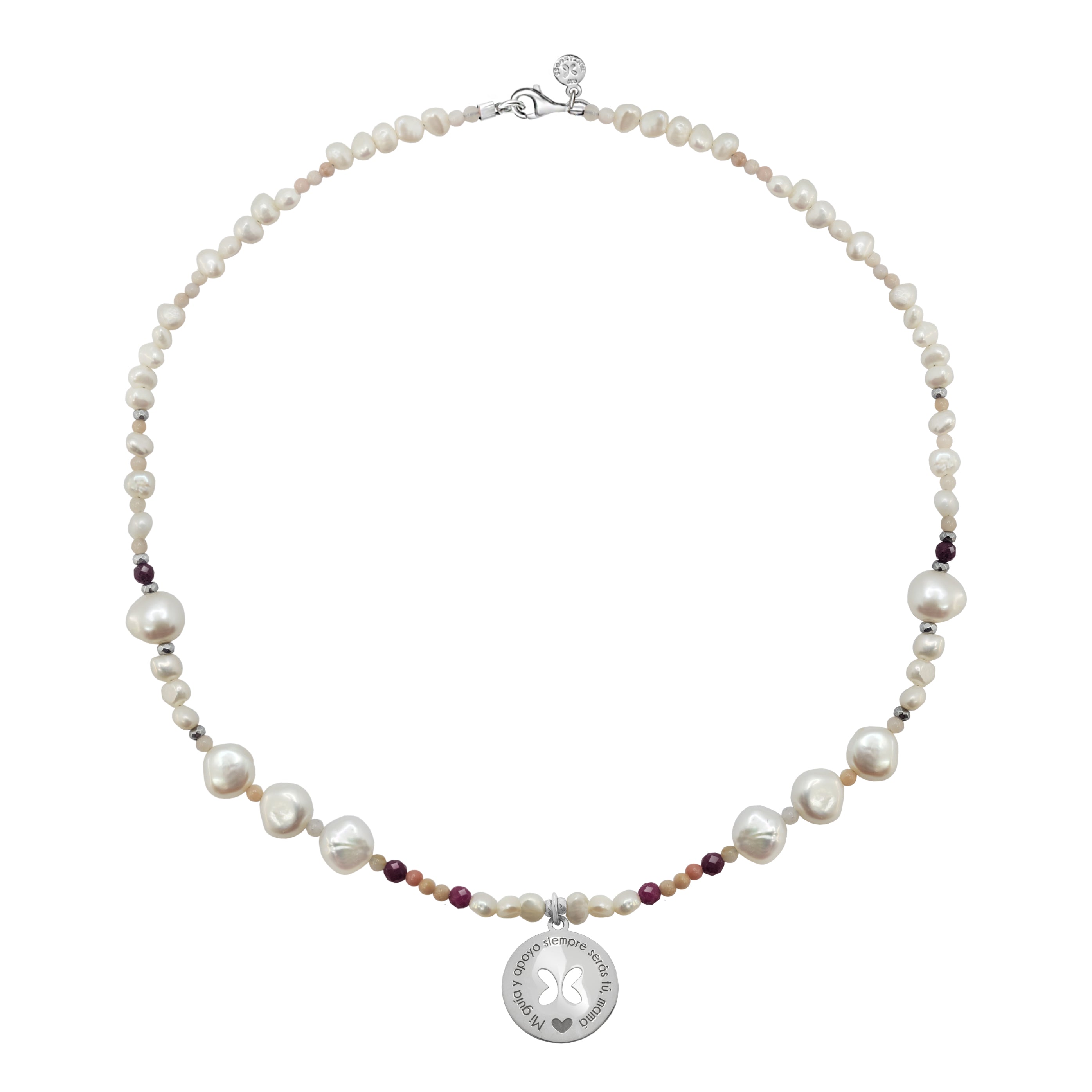 Collar Mujer Plata 925 Mamá Circulo Mariposa Perlas Rubi - Tanya Moss