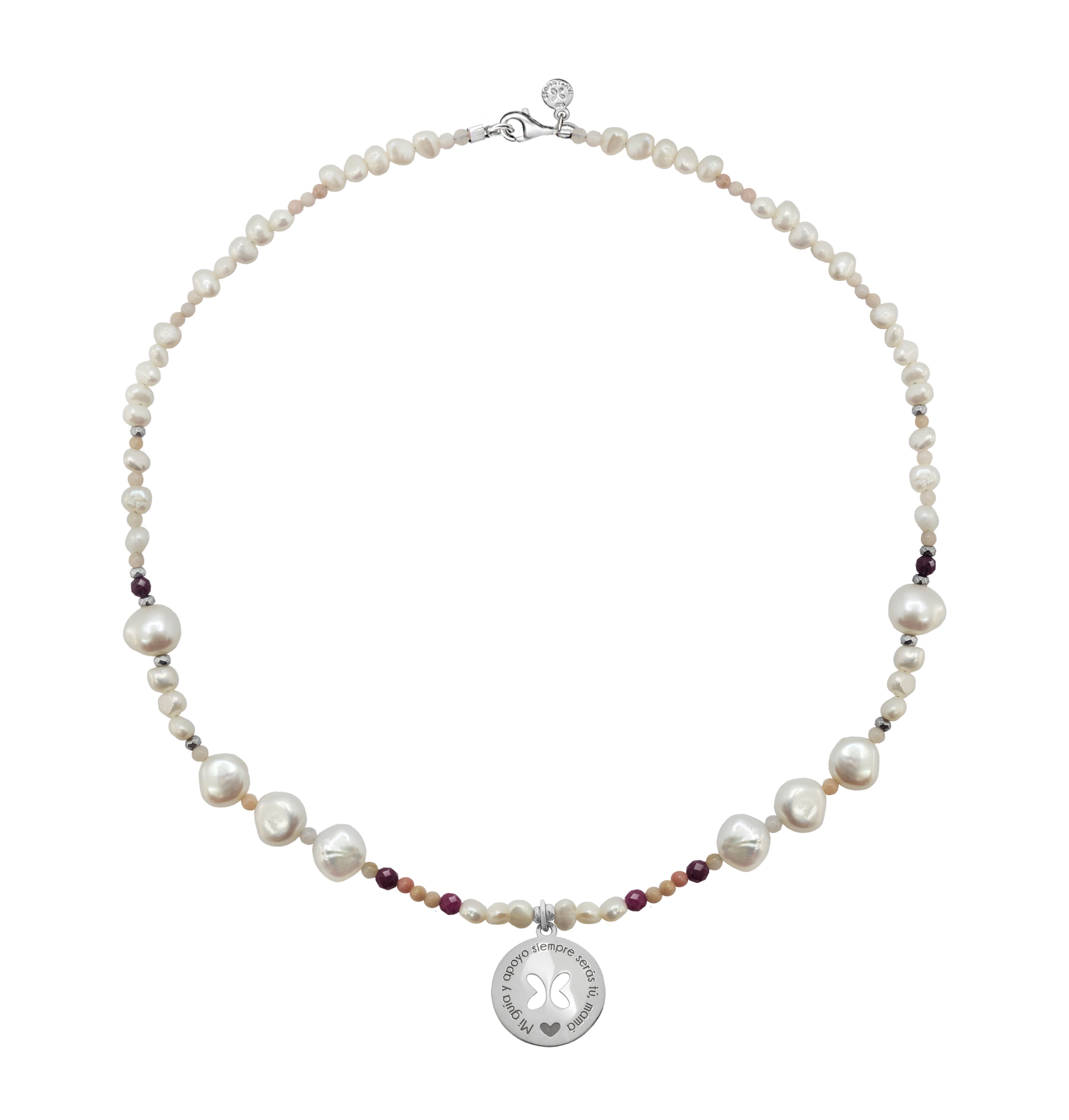 Collar Mujer Plata 925 Mamá Circulo Mariposa Perlas Rubi - Tanya Moss